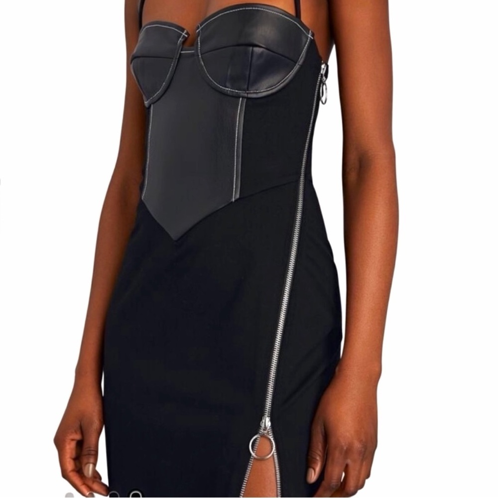 STAUD Hindley Faux Leather Corset Halter Neck Exposed Zipper Black Midi Dress - Picture 9 of 16